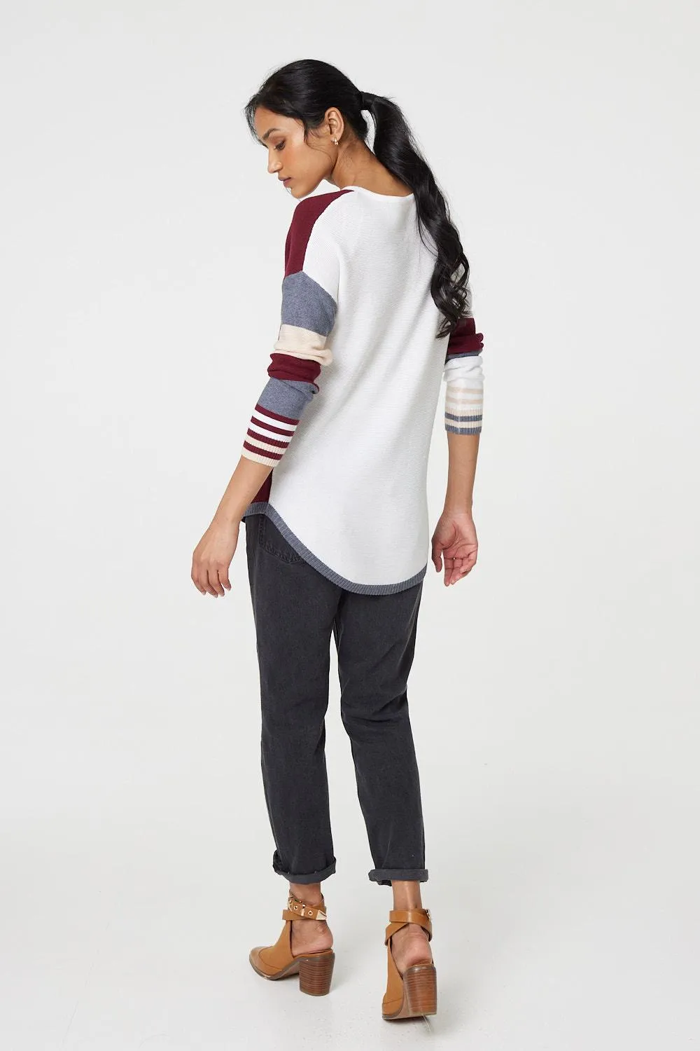 Colour Block Curve Hem Boat Neck Jumper