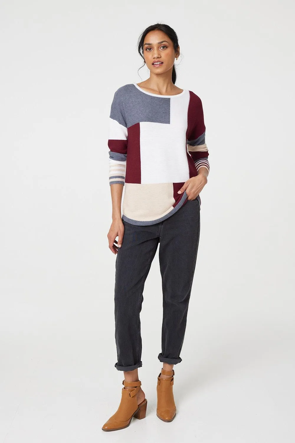 Colour Block Curve Hem Boat Neck Jumper