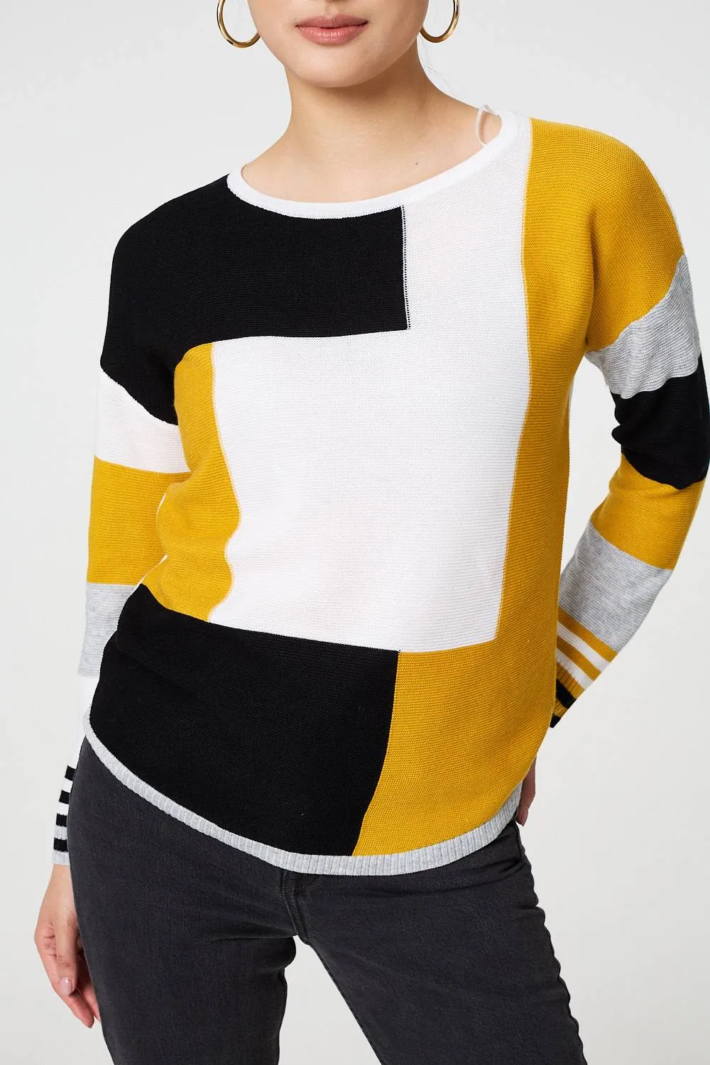 Colour Block Curve Hem Boat Neck Jumper