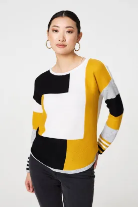 Colour Block Curve Hem Boat Neck Jumper