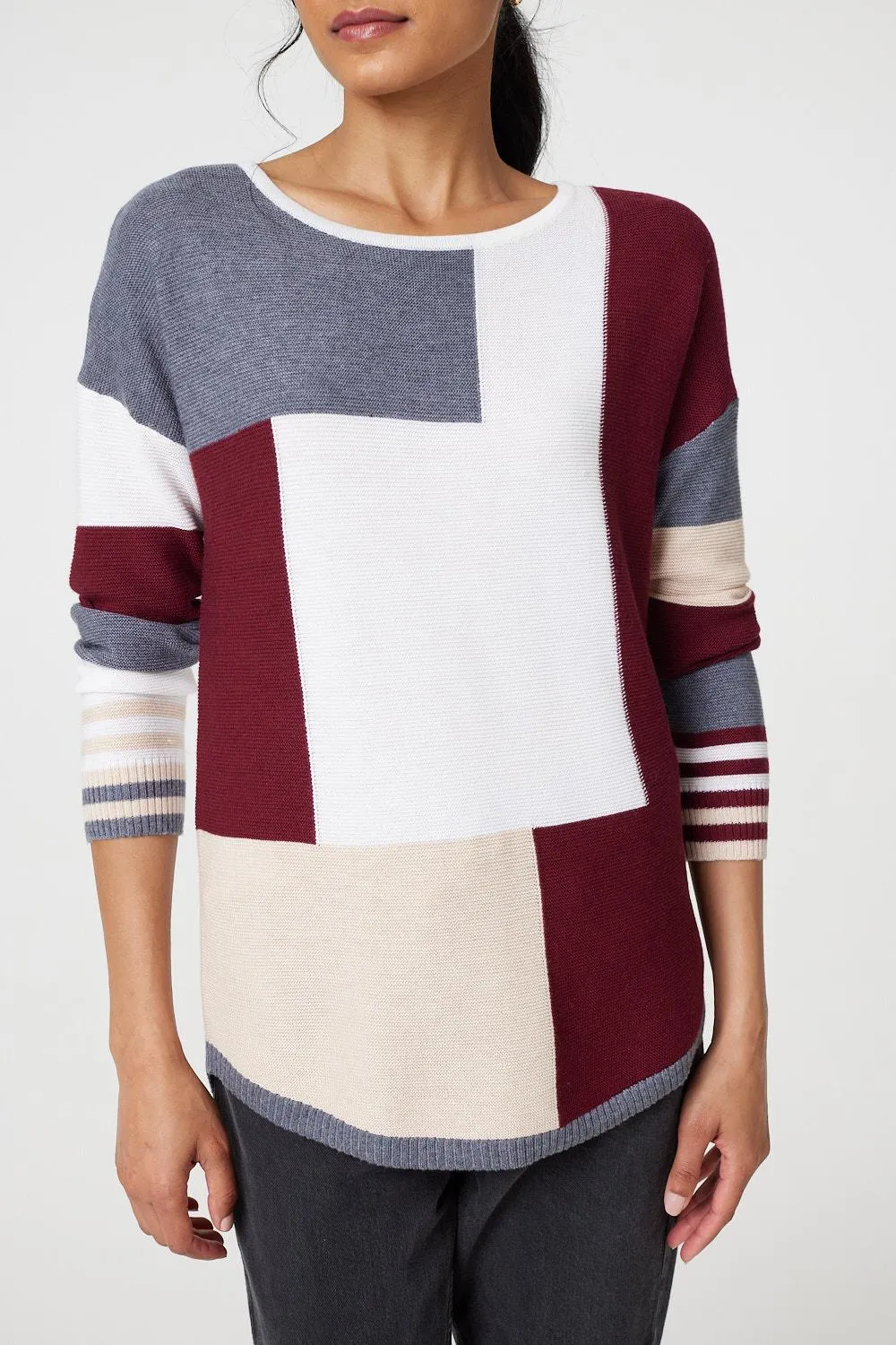 Colour Block Curve Hem Boat Neck Jumper