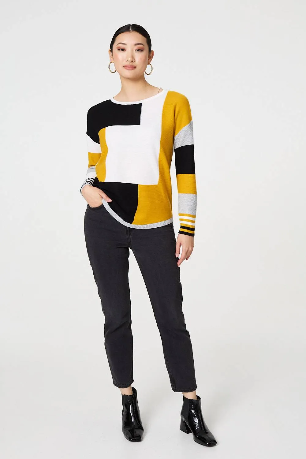 Colour Block Curve Hem Boat Neck Jumper