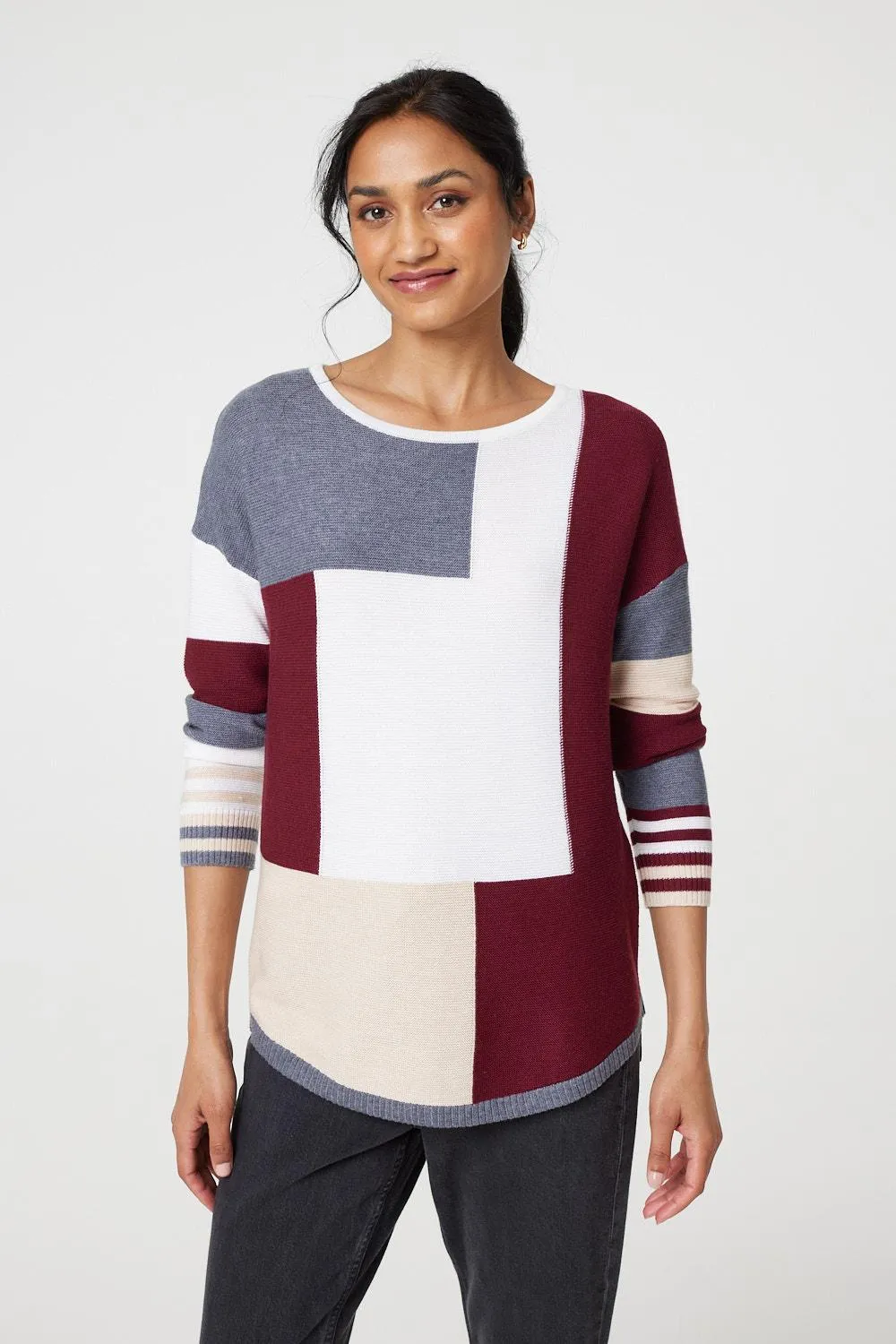 Colour Block Curve Hem Boat Neck Jumper