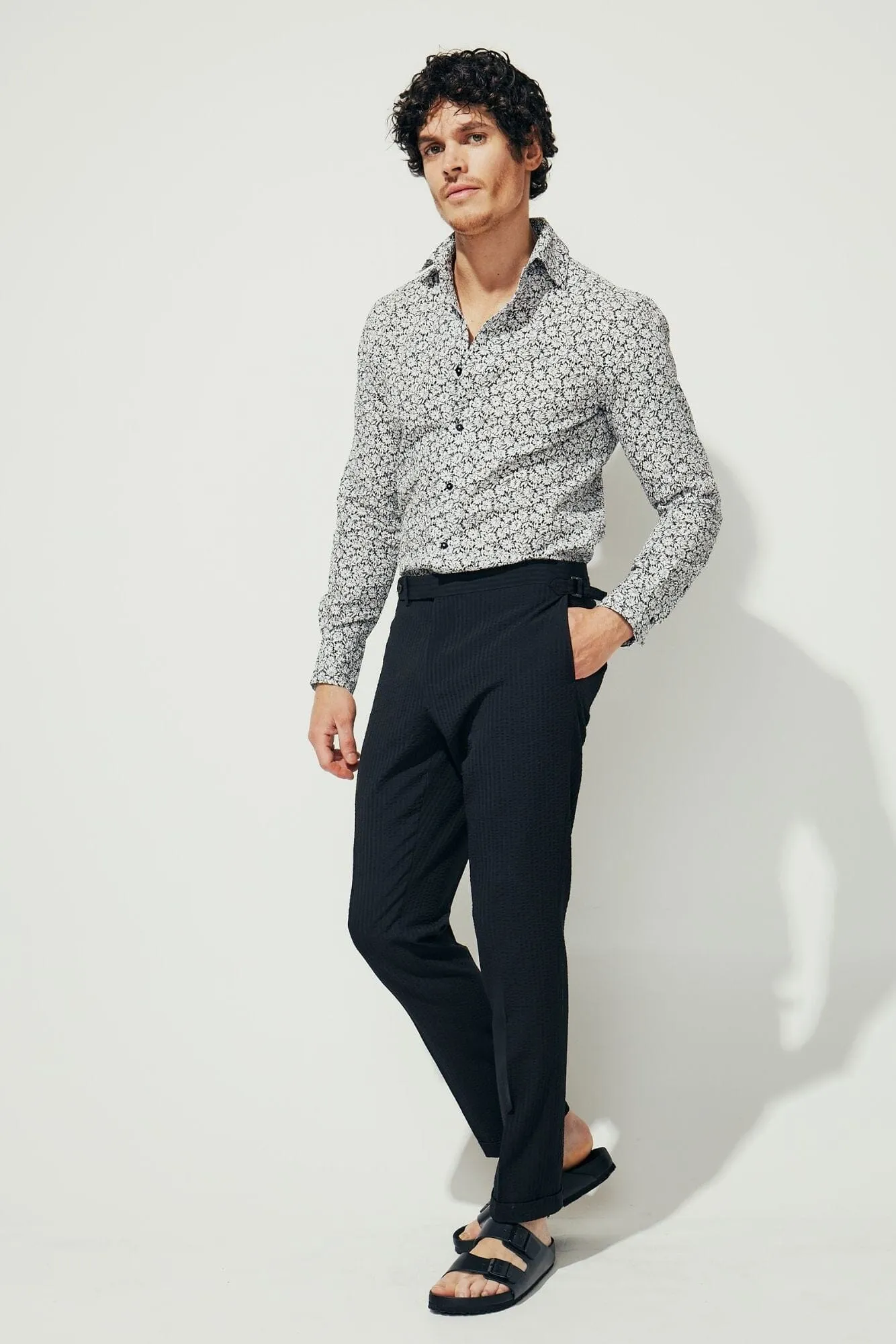 Cooper Super Lux Shirt - Black and White Floral Crinkle Print