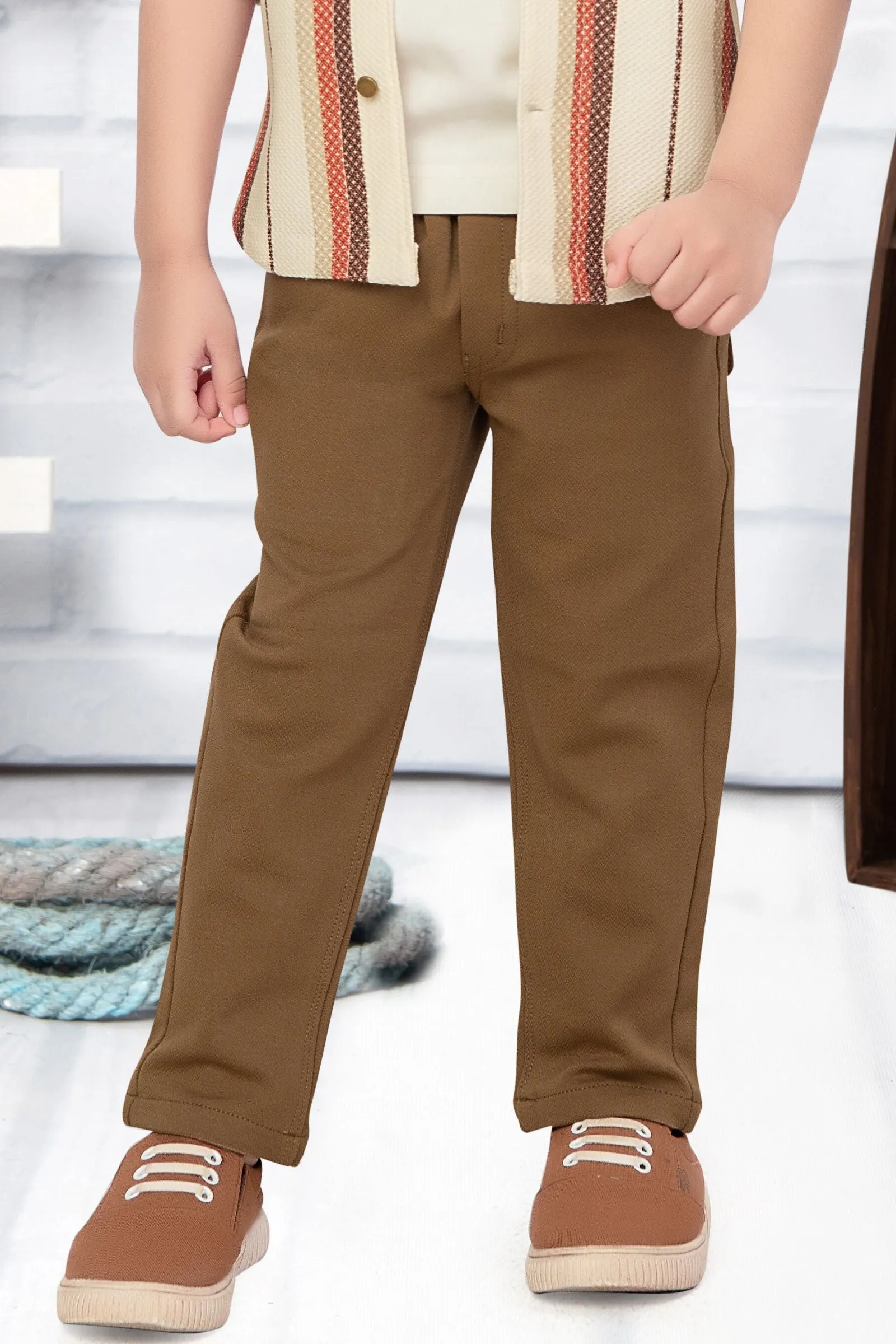 Cream with Fawn Printed Blazer, T-Shirt and Brown Pant Set for Boys