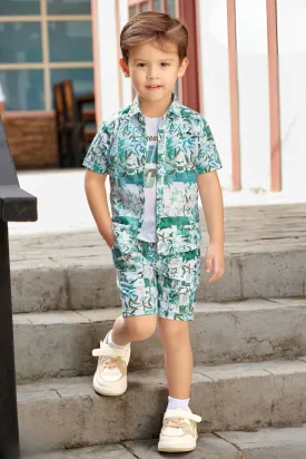 Cream with Green Printed Co-Ord Set for Boys