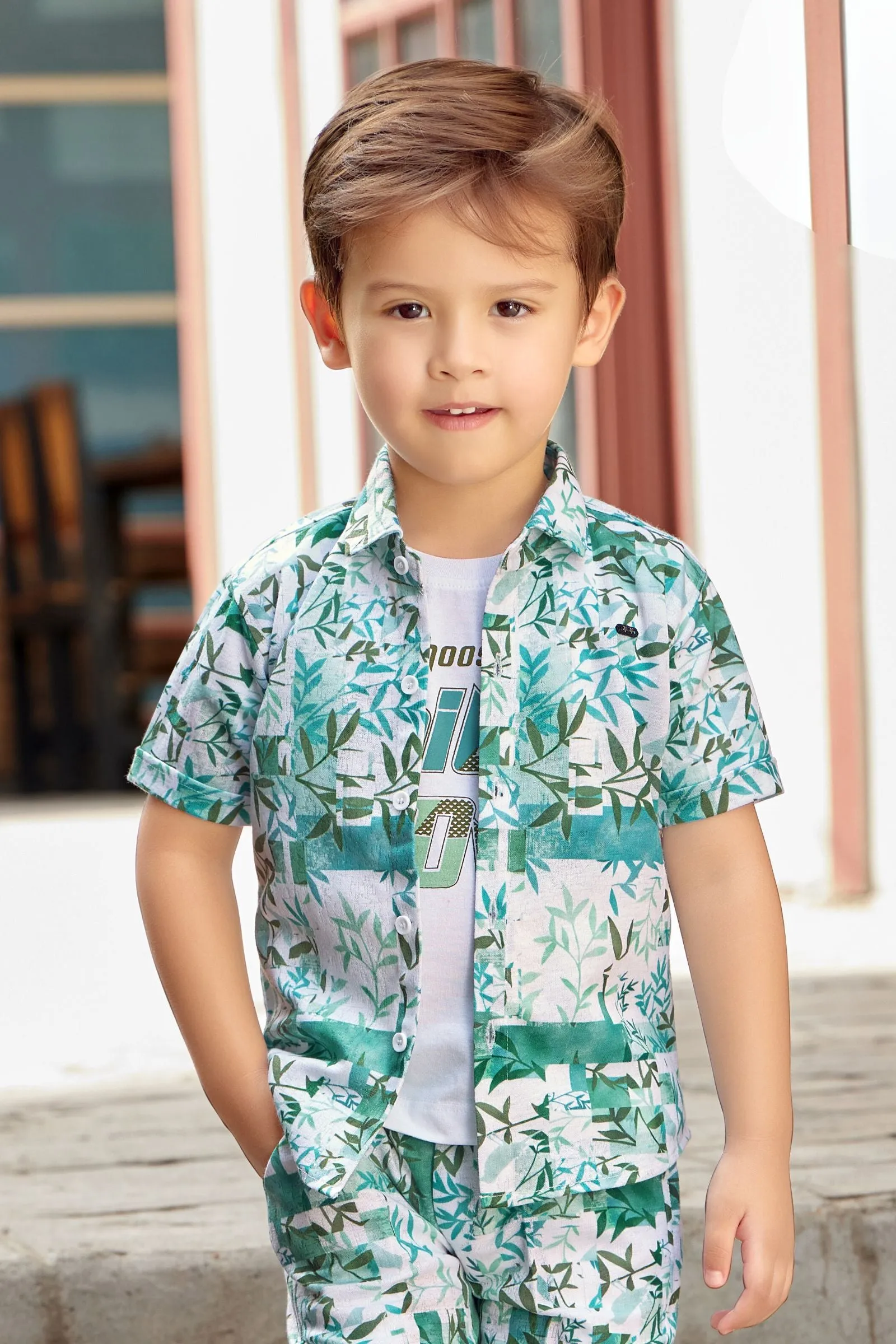 Cream with Green Printed Co-Ord Set for Boys