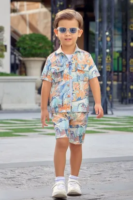 Cream with Multicolor Printed Co-Ord Set for Boys