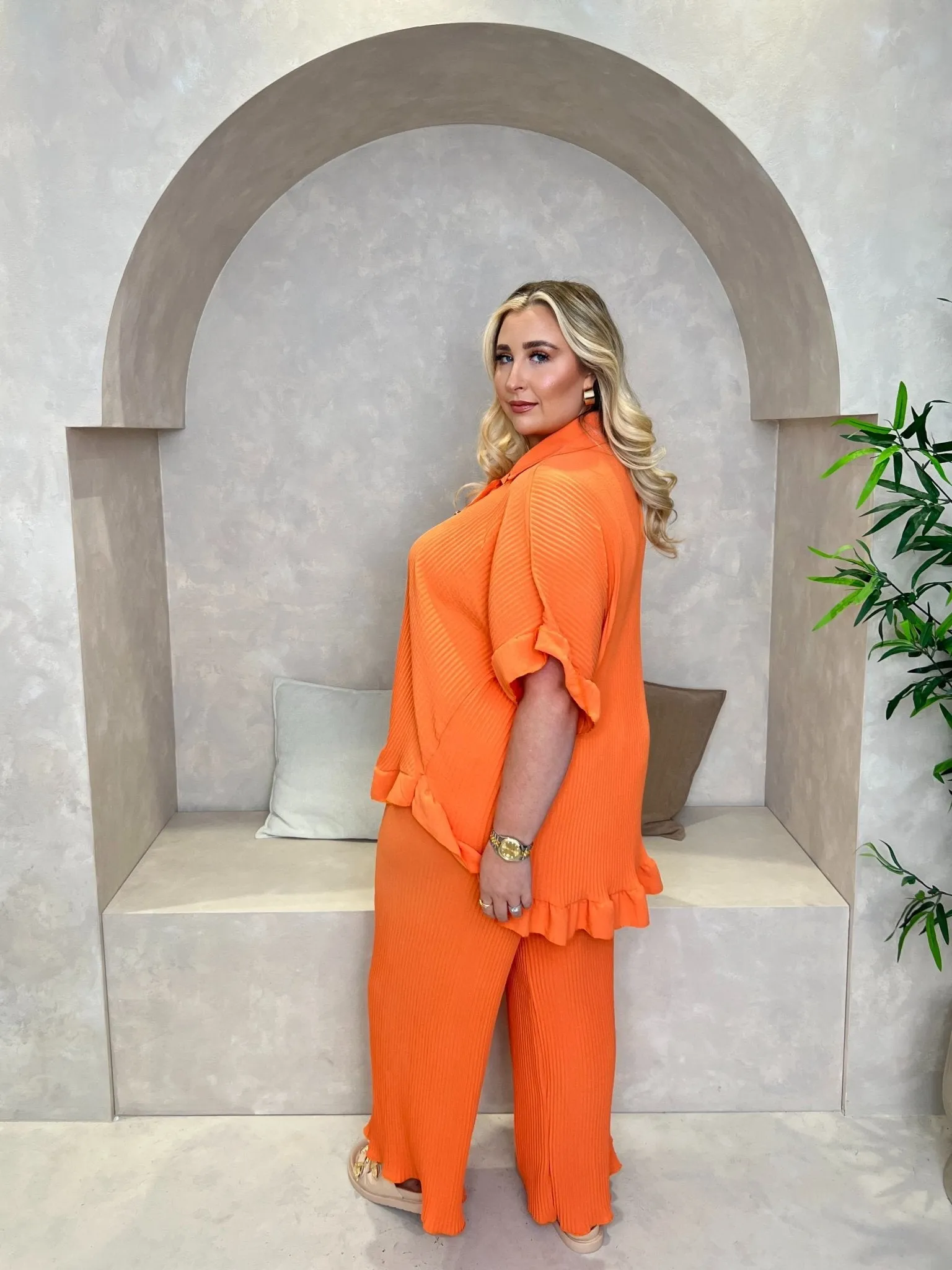 Curve Orange Ribbed Effect Wide Leg Trouser Set