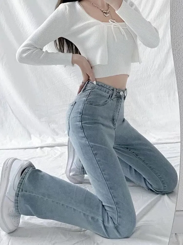 deanwangkt split jeans women's spring and autumn new high-waisted slim fit slim wide-legged micro-flare mopping pants trendy ins