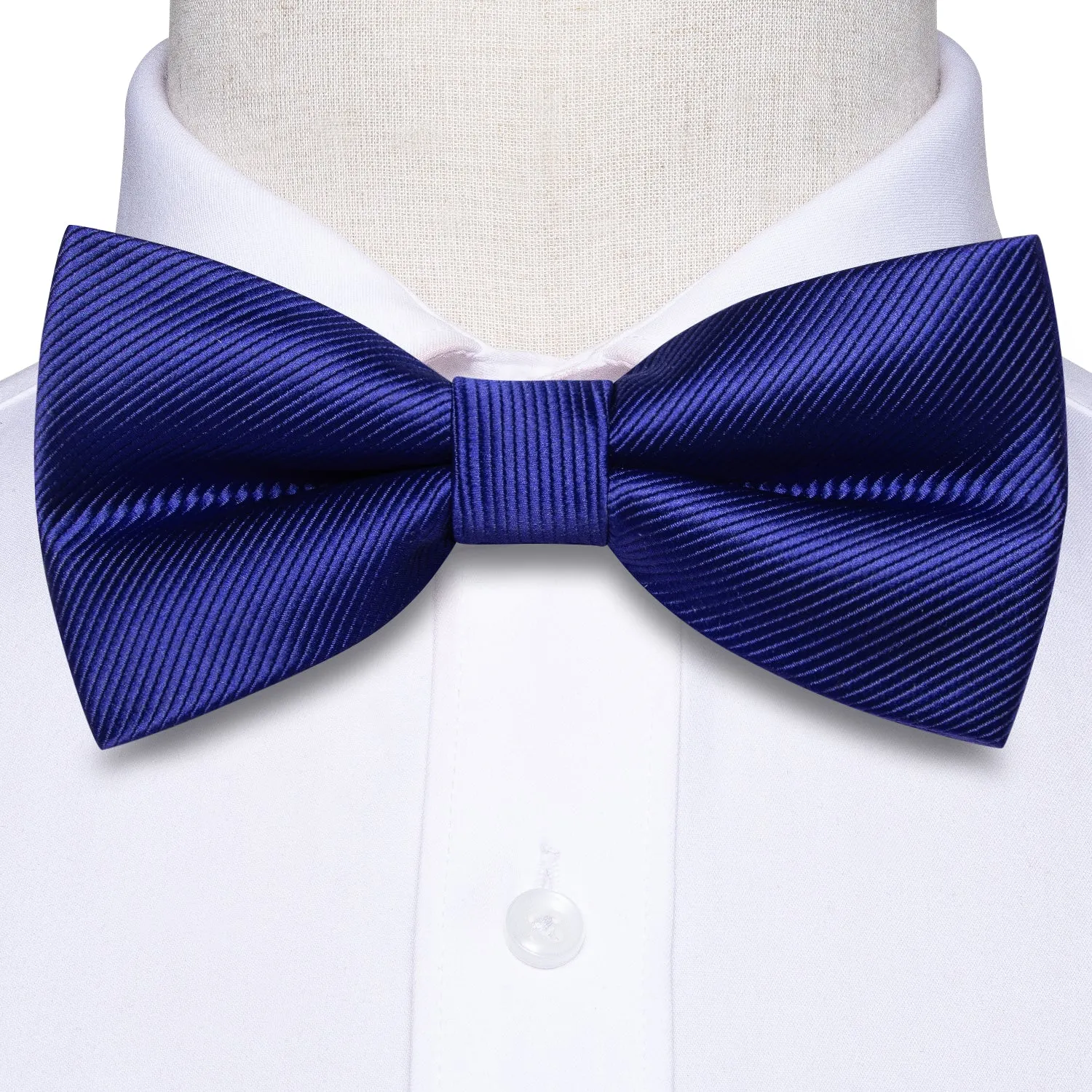 Deep Blue Striped Pre-tied Bow Tie Hanky Cufflinks Set