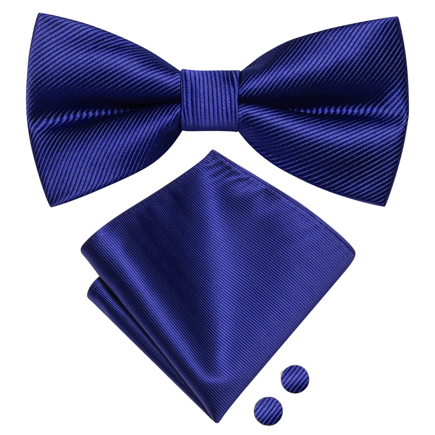 Deep Blue Striped Pre-tied Bow Tie Hanky Cufflinks Set