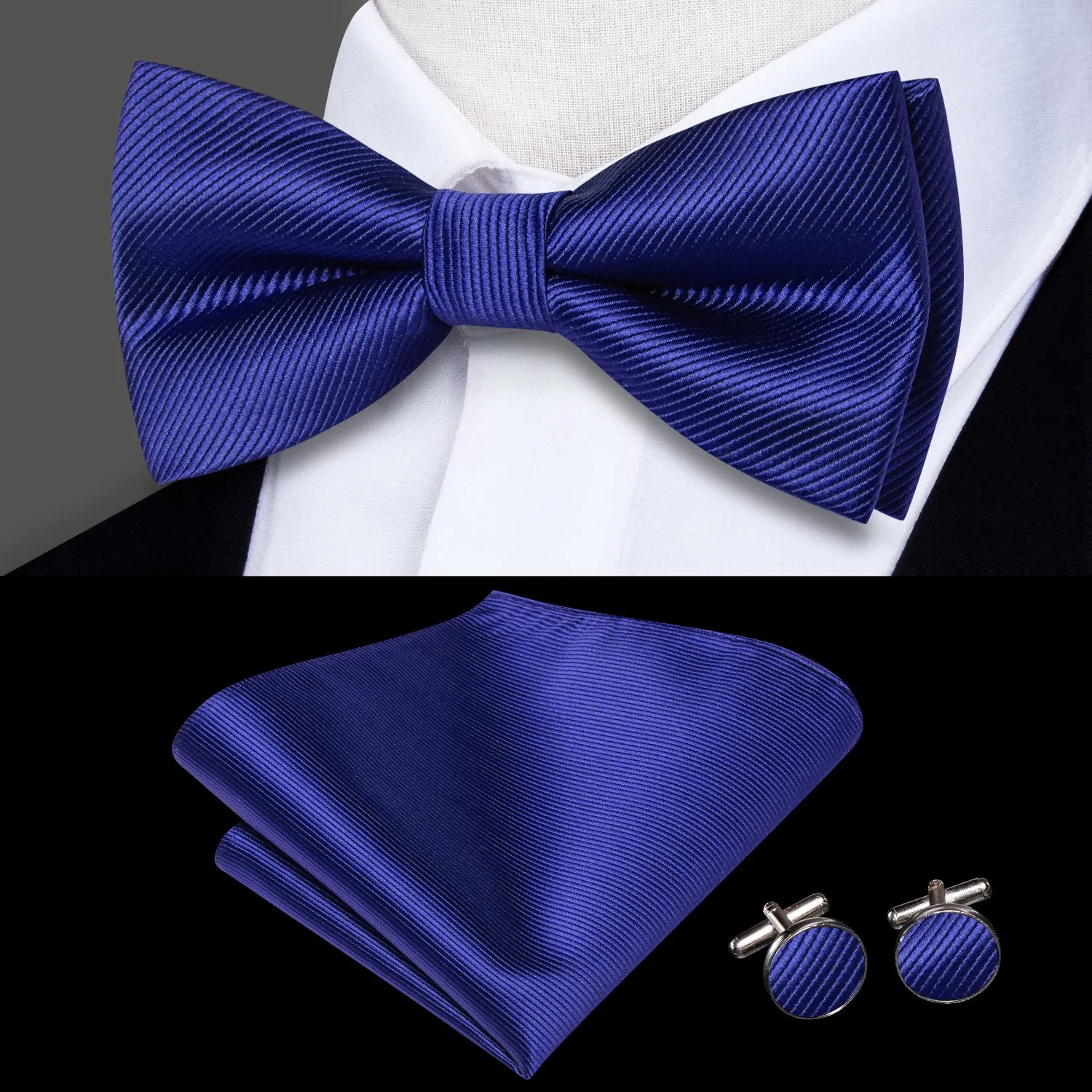 Deep Blue Striped Pre-tied Bow Tie Hanky Cufflinks Set