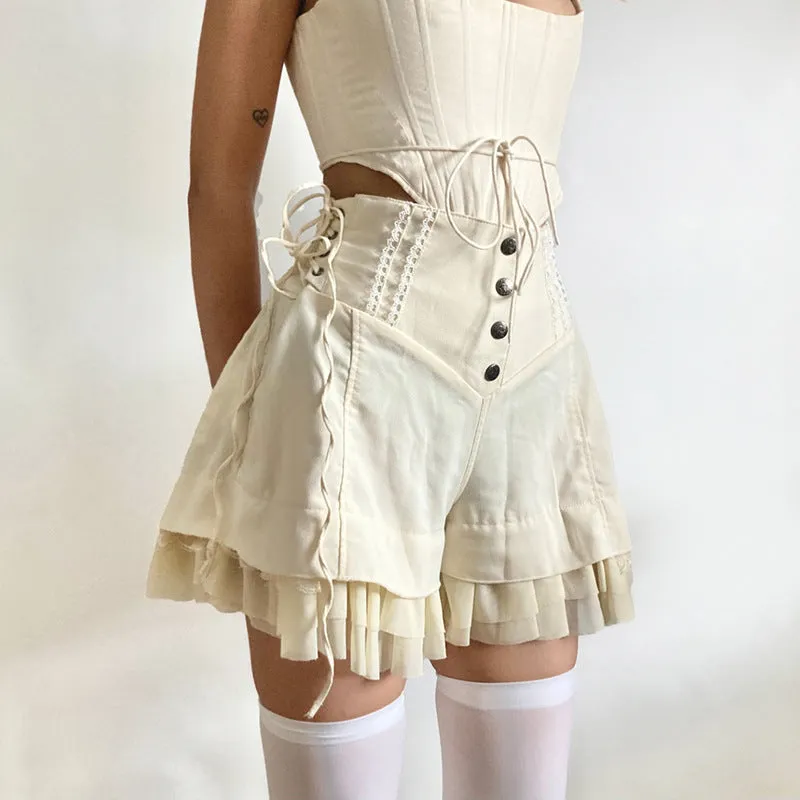 Girlary fall outfits women Solid Color Breasted Lace-up Casual Shorts New Fashion Girl's Ruffled Stitching Waist Wide-Leg Pants Summer