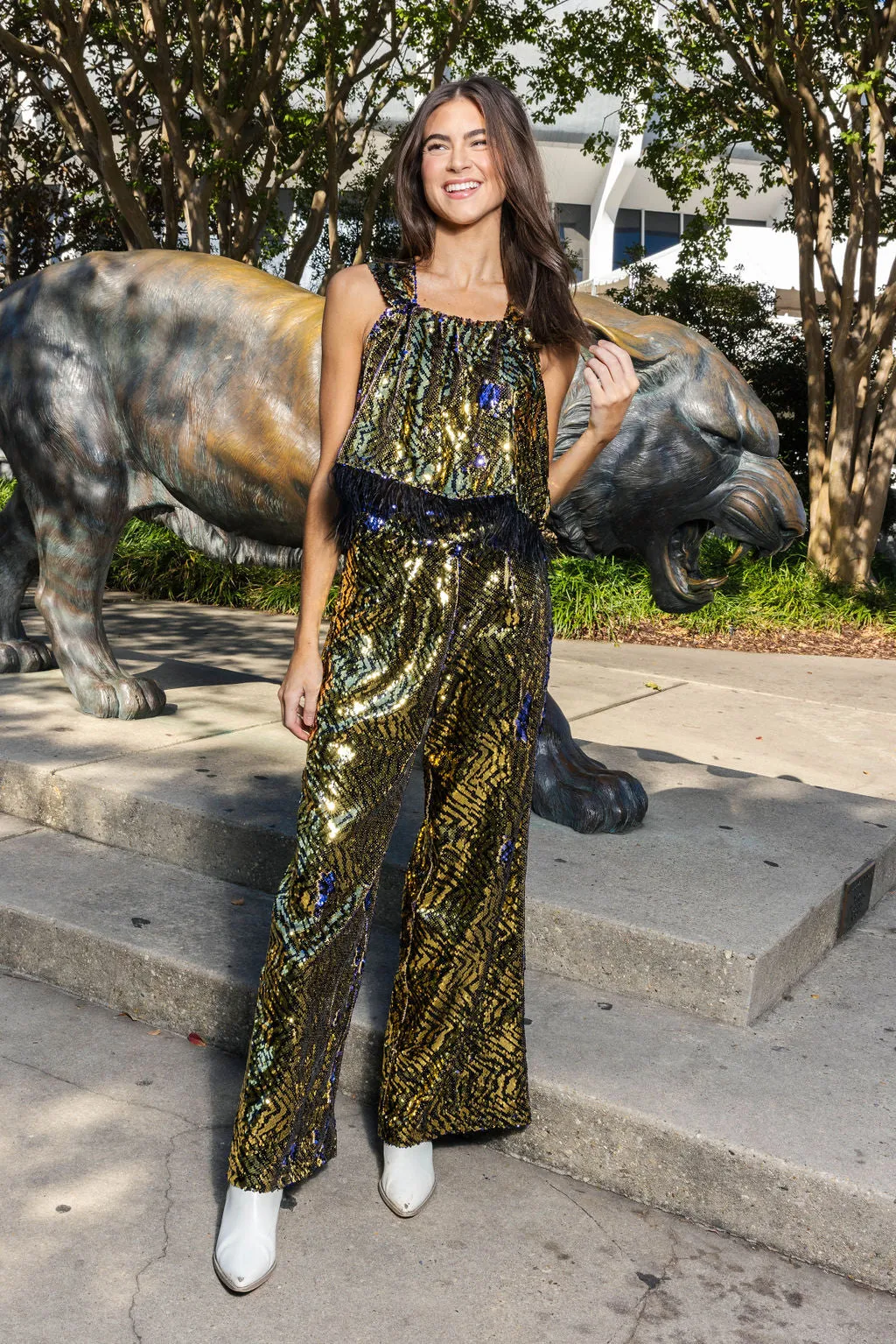 Gold & Black Sequin Tiger Feather Tank