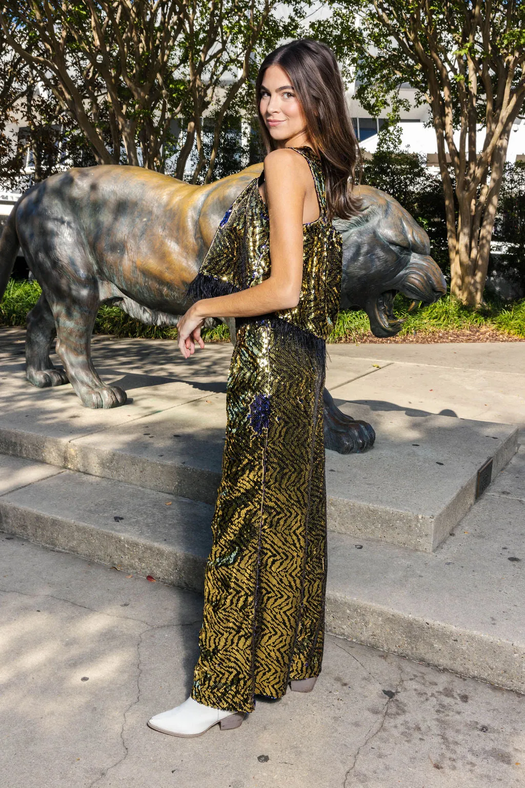 Gold & Black Sequin Tiger Feather Tank