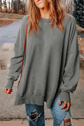 Gray Drop Shoulder Ribbed Trim Oversized Sweatshirt