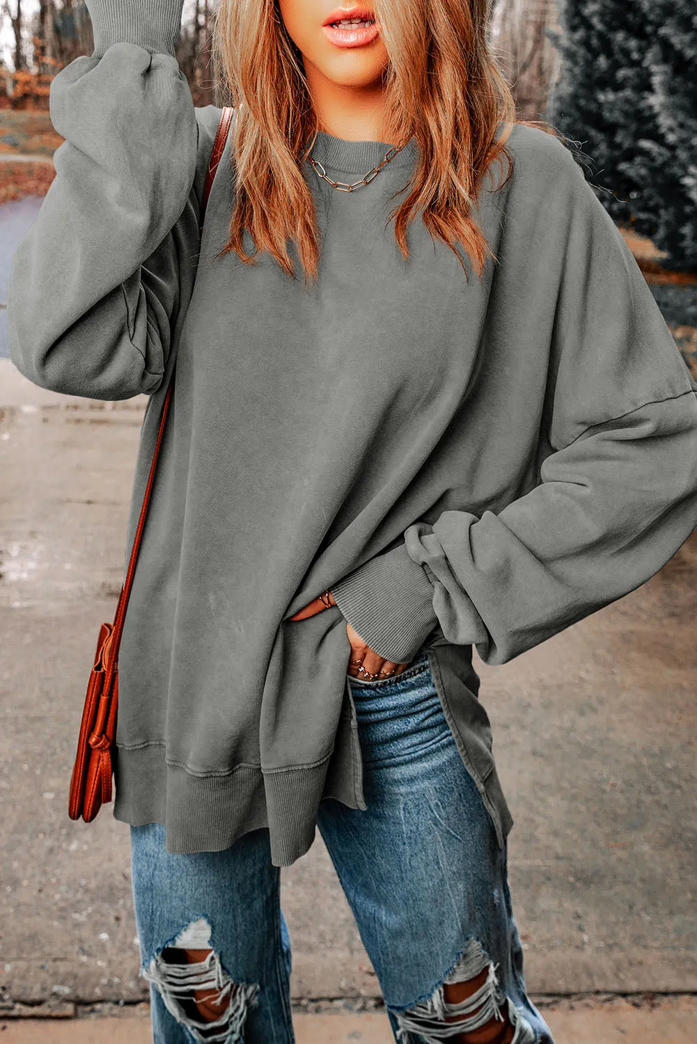 Gray Drop Shoulder Ribbed Trim Oversized Sweatshirt