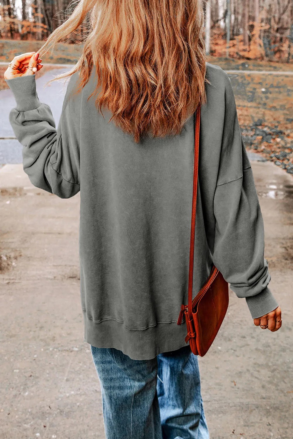 Gray Drop Shoulder Ribbed Trim Oversized Sweatshirt