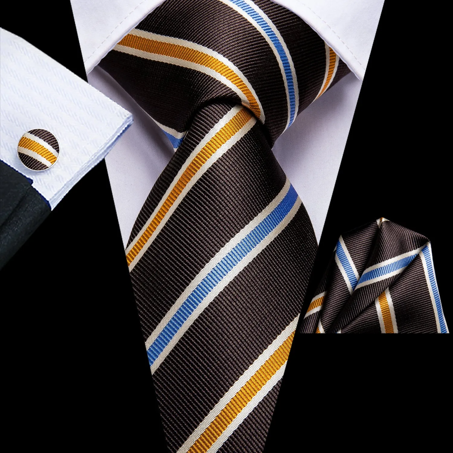 Hi-Tie Black Ties Golden Blue Stripes Tie Pocket Square Cufflinks Set