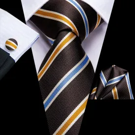 Hi-Tie Black Ties Golden Blue Stripes Tie Pocket Square Cufflinks Set