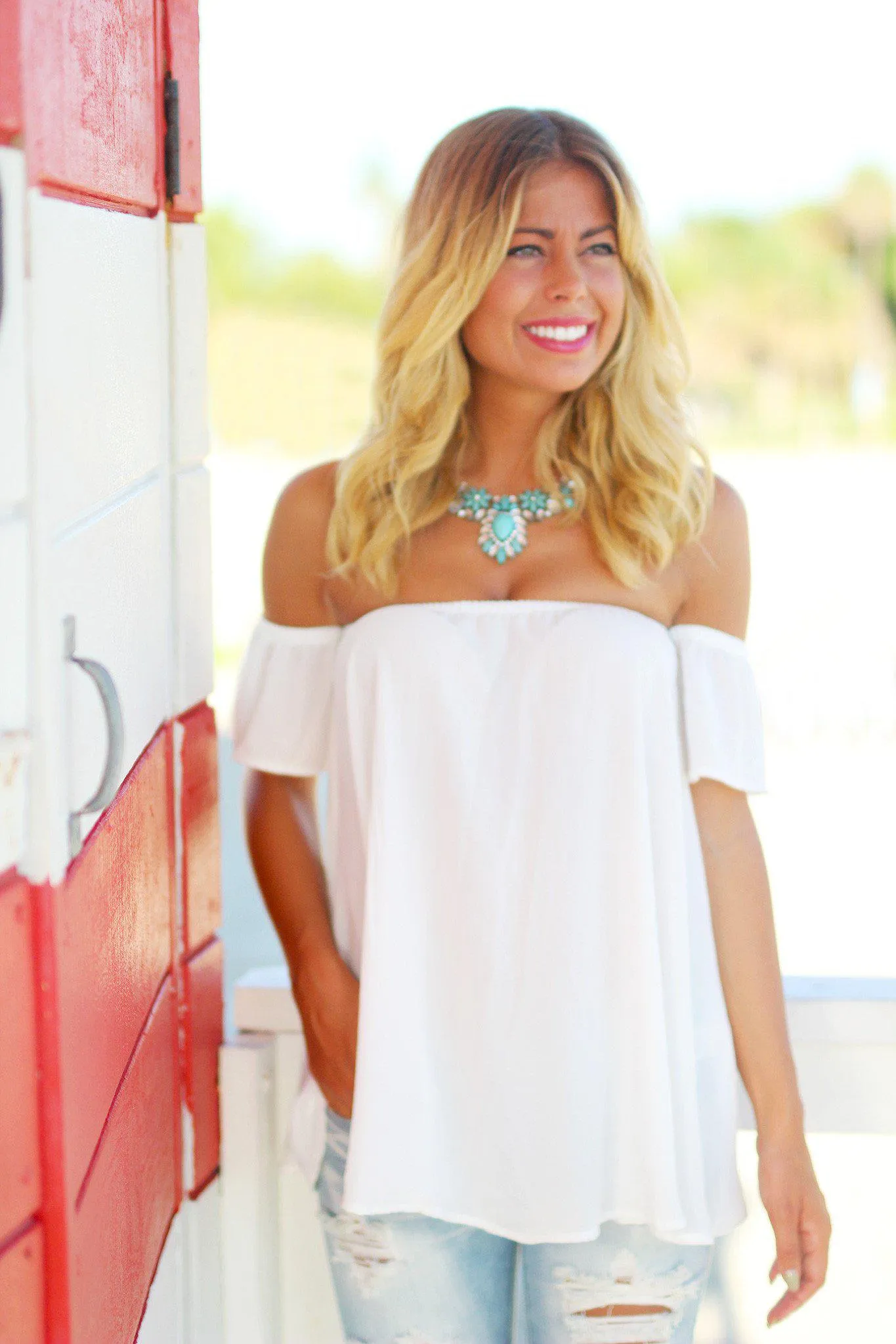 Ivory Off Shoulder Top with Short Sleeves