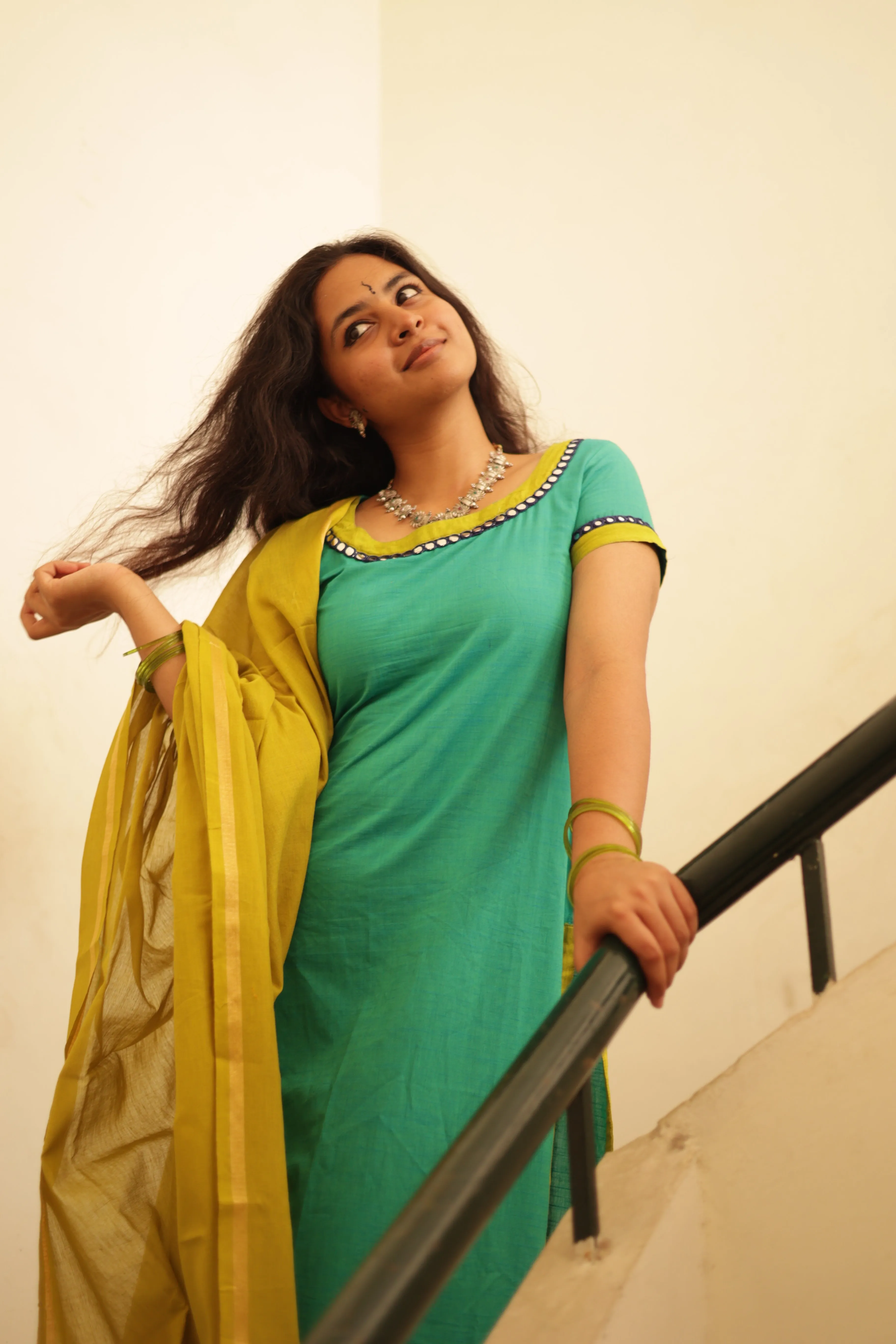 Kaakha Kaakha Jyotika Aqua Blue & Lime Green (Kurti Dupatta)