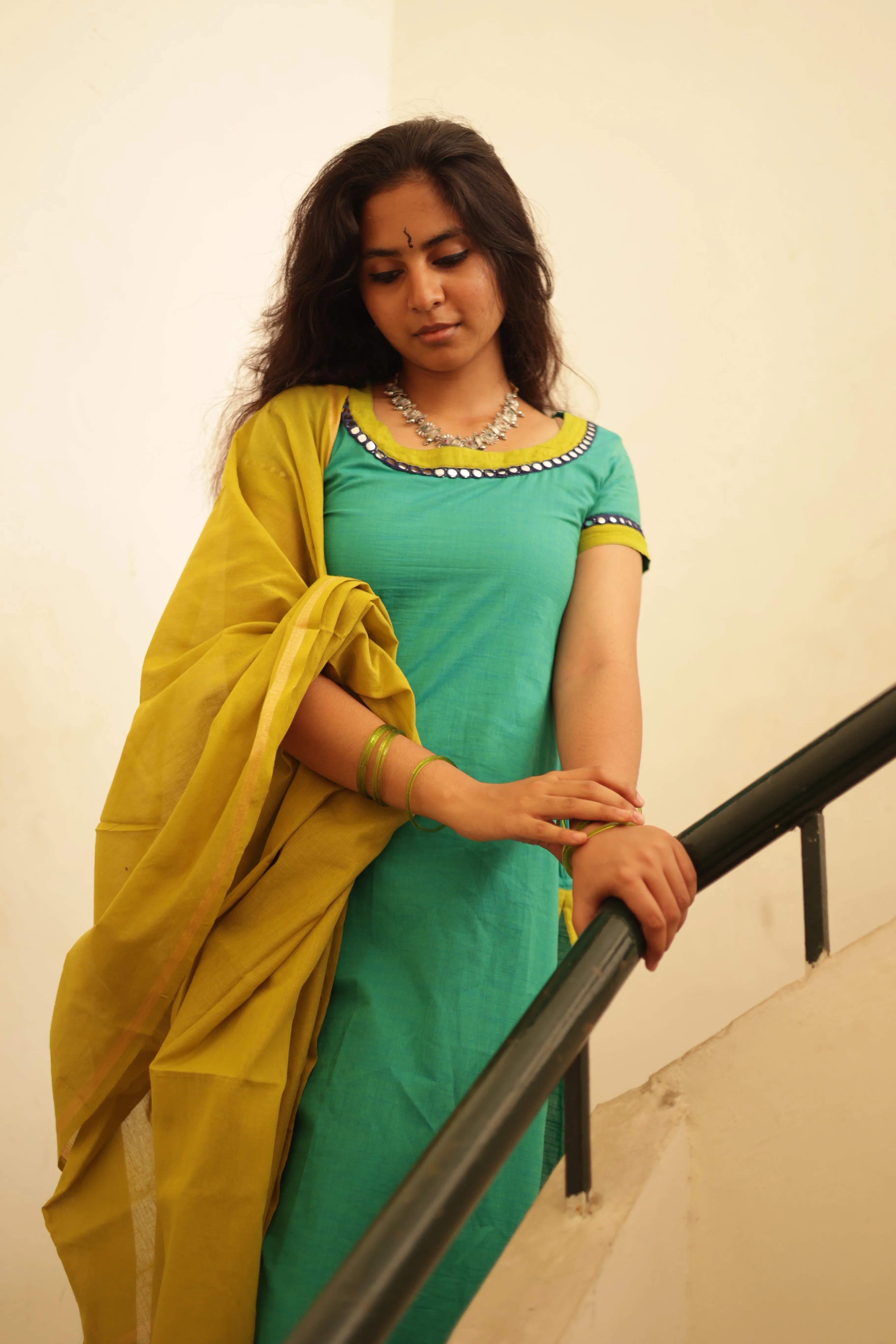 Kaakha Kaakha Jyotika Aqua Blue & Lime Green (Kurti Dupatta)