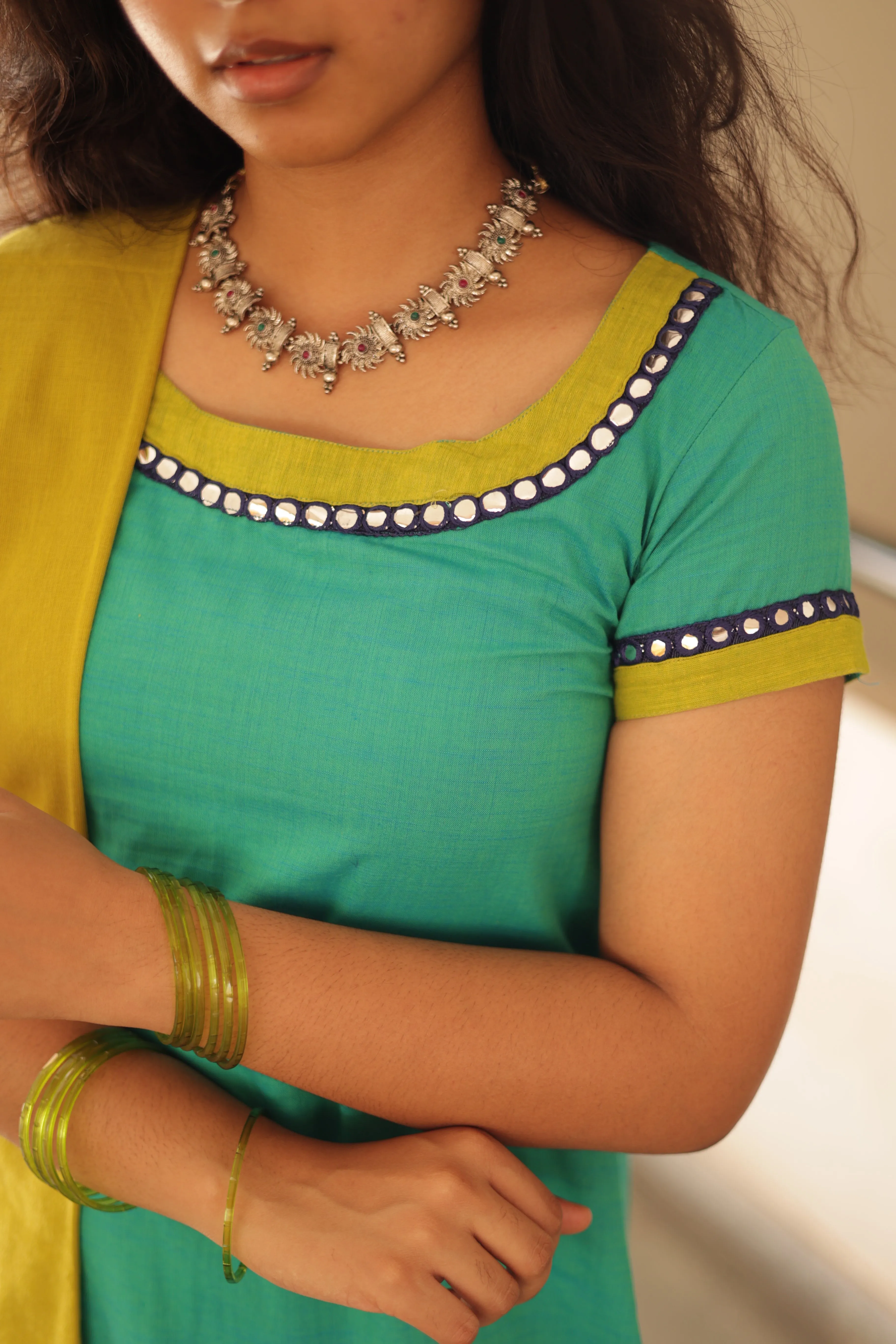 Kaakha Kaakha Jyotika Aqua Blue & Lime Green (Kurti Dupatta)