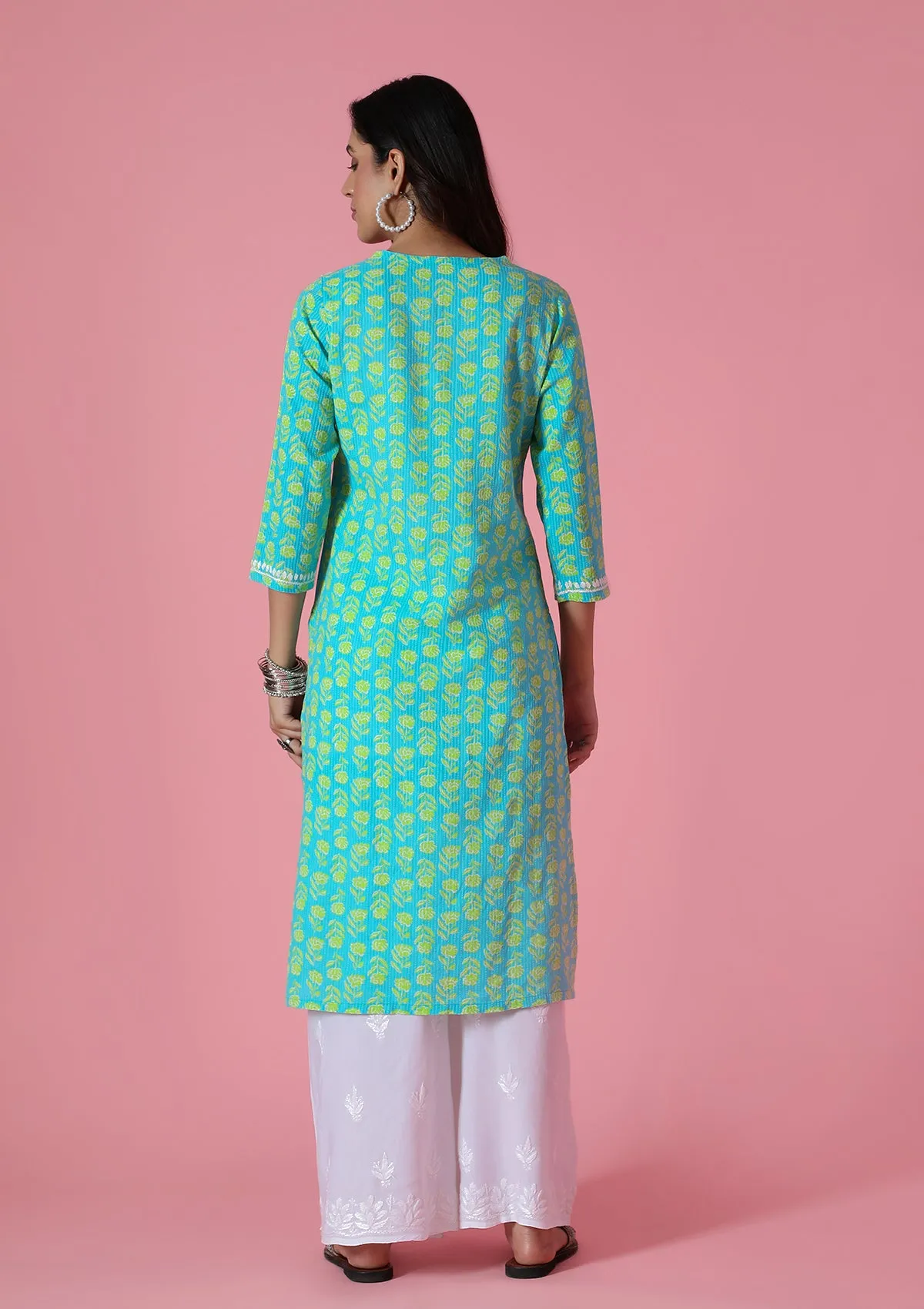 Kantha Cotton Chikankari Printed Women's Long Kurta - Blue