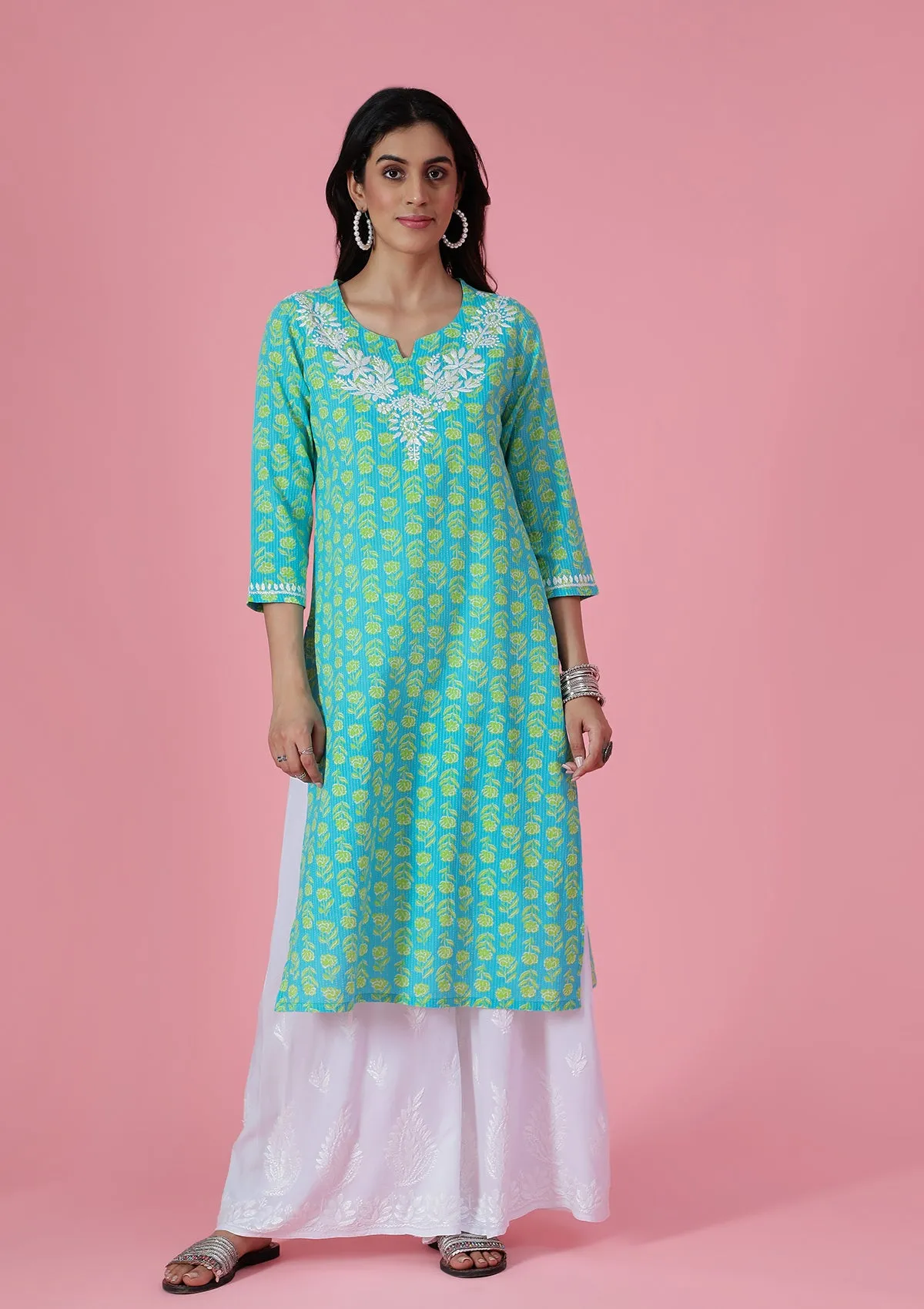 Kantha Cotton Chikankari Printed Women's Long Kurta - Blue