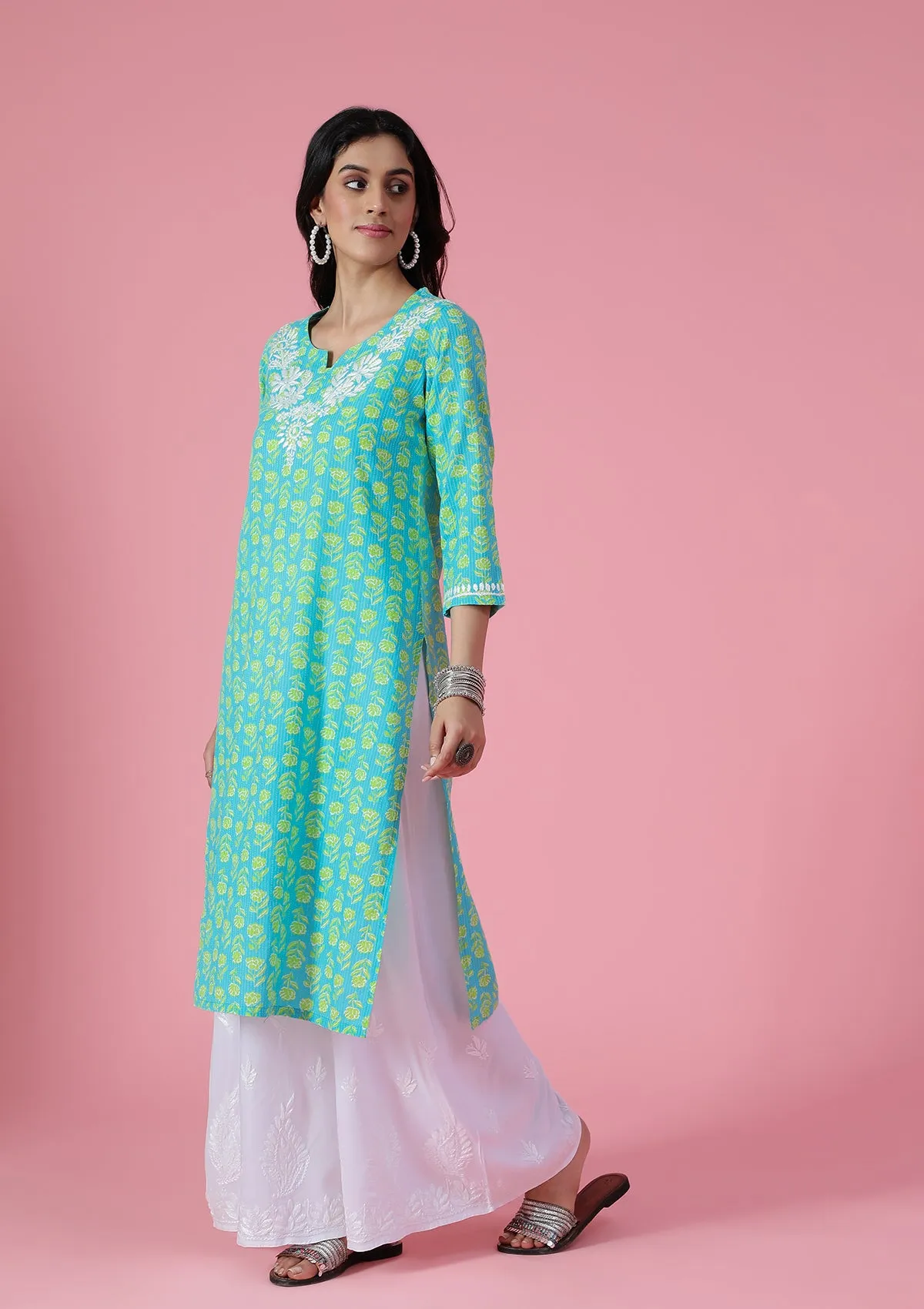 Kantha Cotton Chikankari Printed Women's Long Kurta - Blue