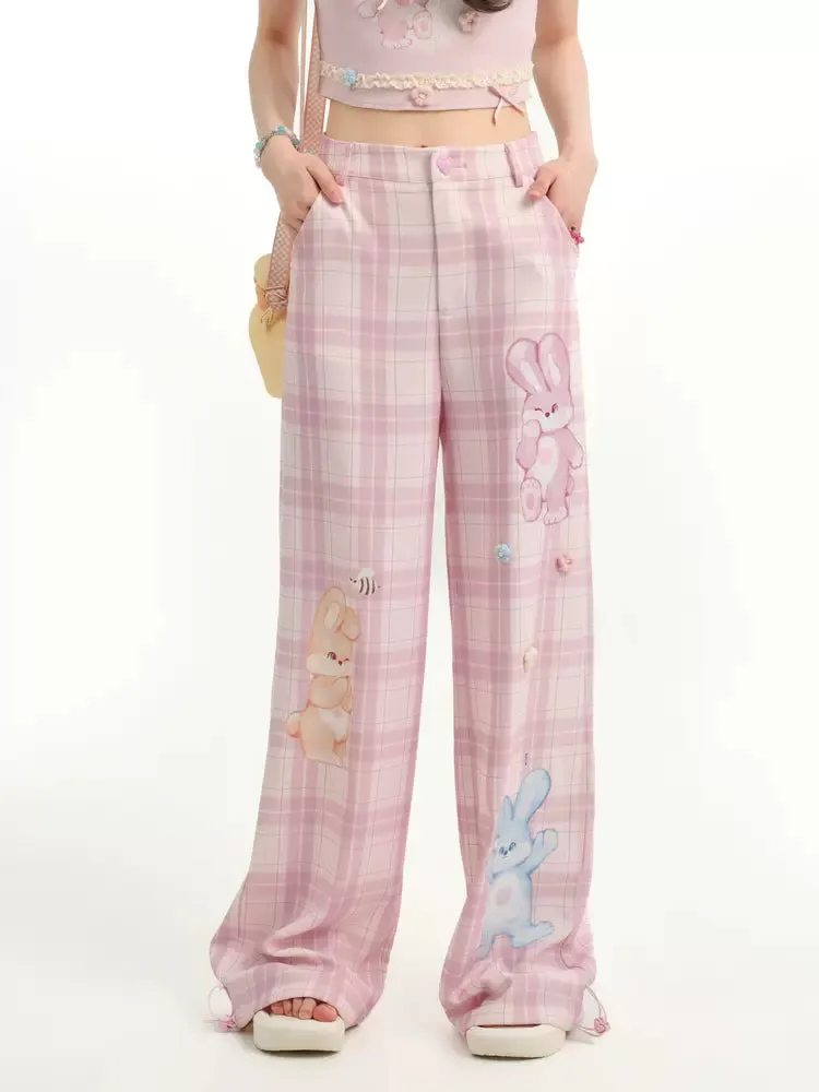 Lovely Bunny Sweet Pink Plaid Wide Leg Straight Pants