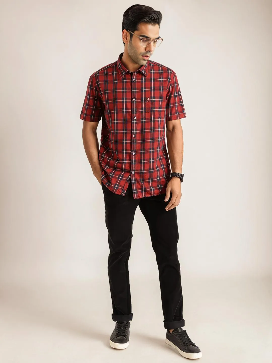 Men Checked Half Sleeve Cotton Shirt