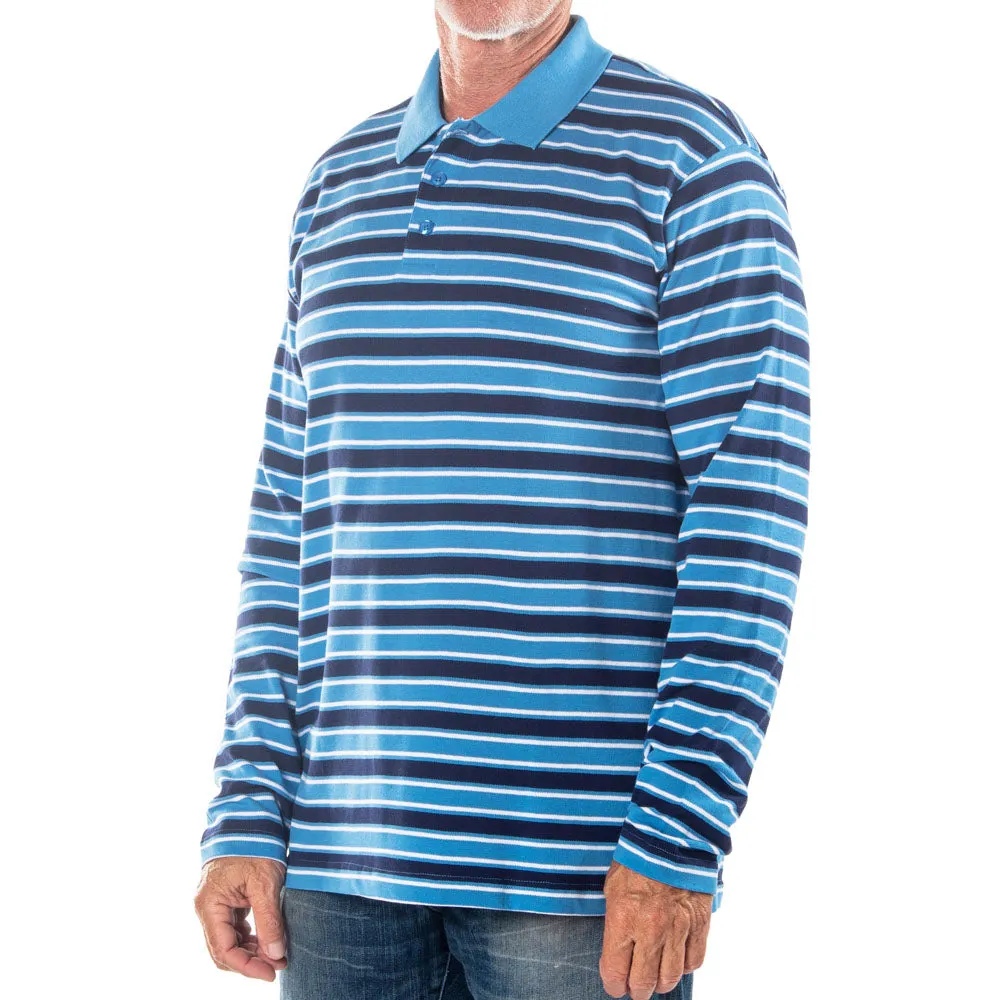 Men's Long Sleeve Blue Striped Cotton Traders Polo Shirt