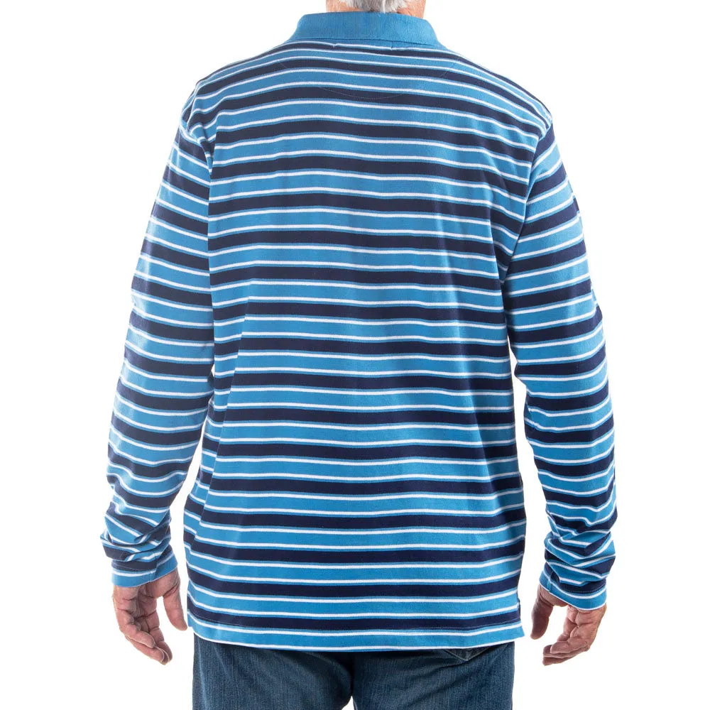 Men's Long Sleeve Blue Striped Cotton Traders Polo Shirt