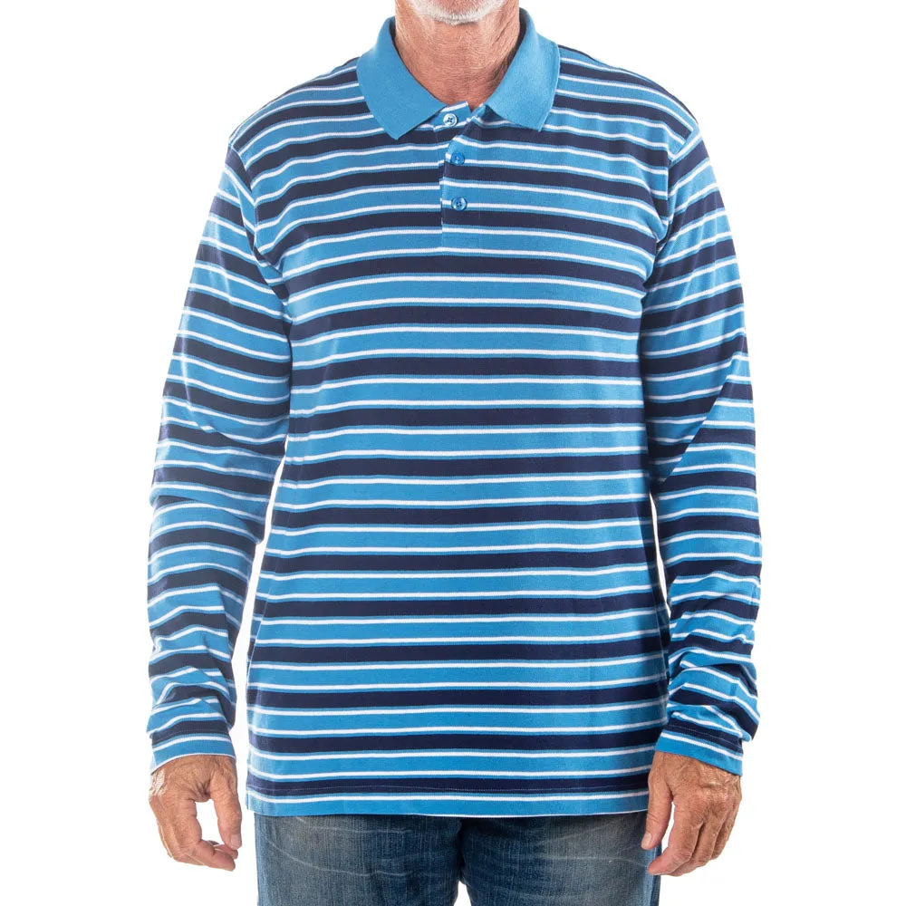 Men's Long Sleeve Blue Striped Cotton Traders Polo Shirt