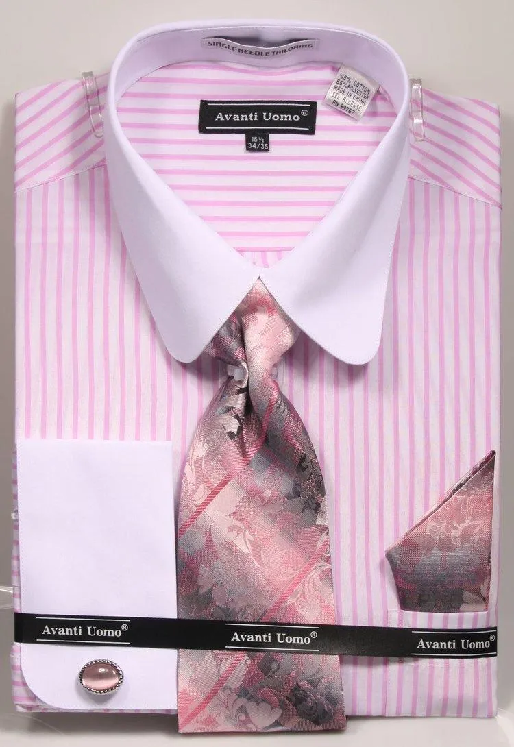 Men's Pink PinStripe Shirt Set with white Rounded Collar