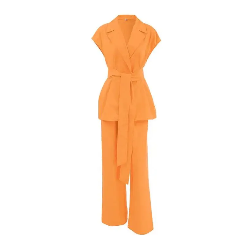 Orange Sleeveless Lace-up Shirt Two-piece Set For Women