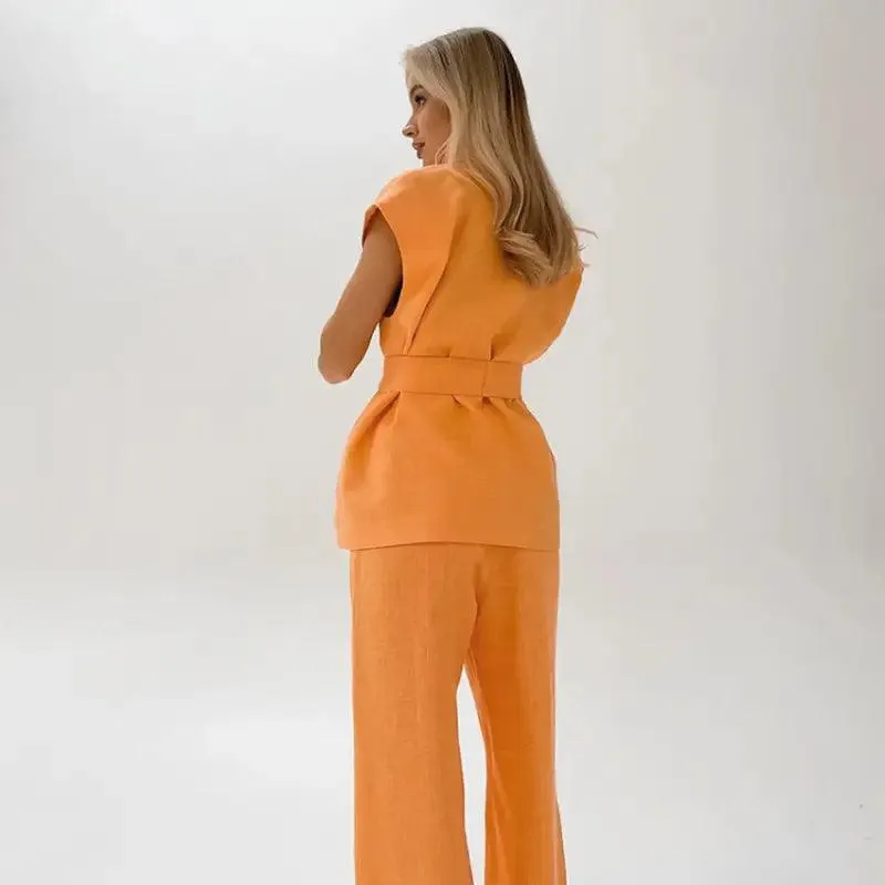 Orange Sleeveless Lace-up Shirt Two-piece Set For Women