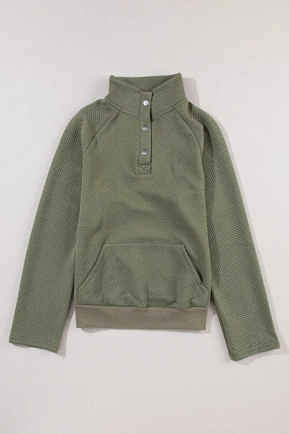 Pale Khaki Textured Knit Buttoned Kangaroo Pocket Sweatshirt