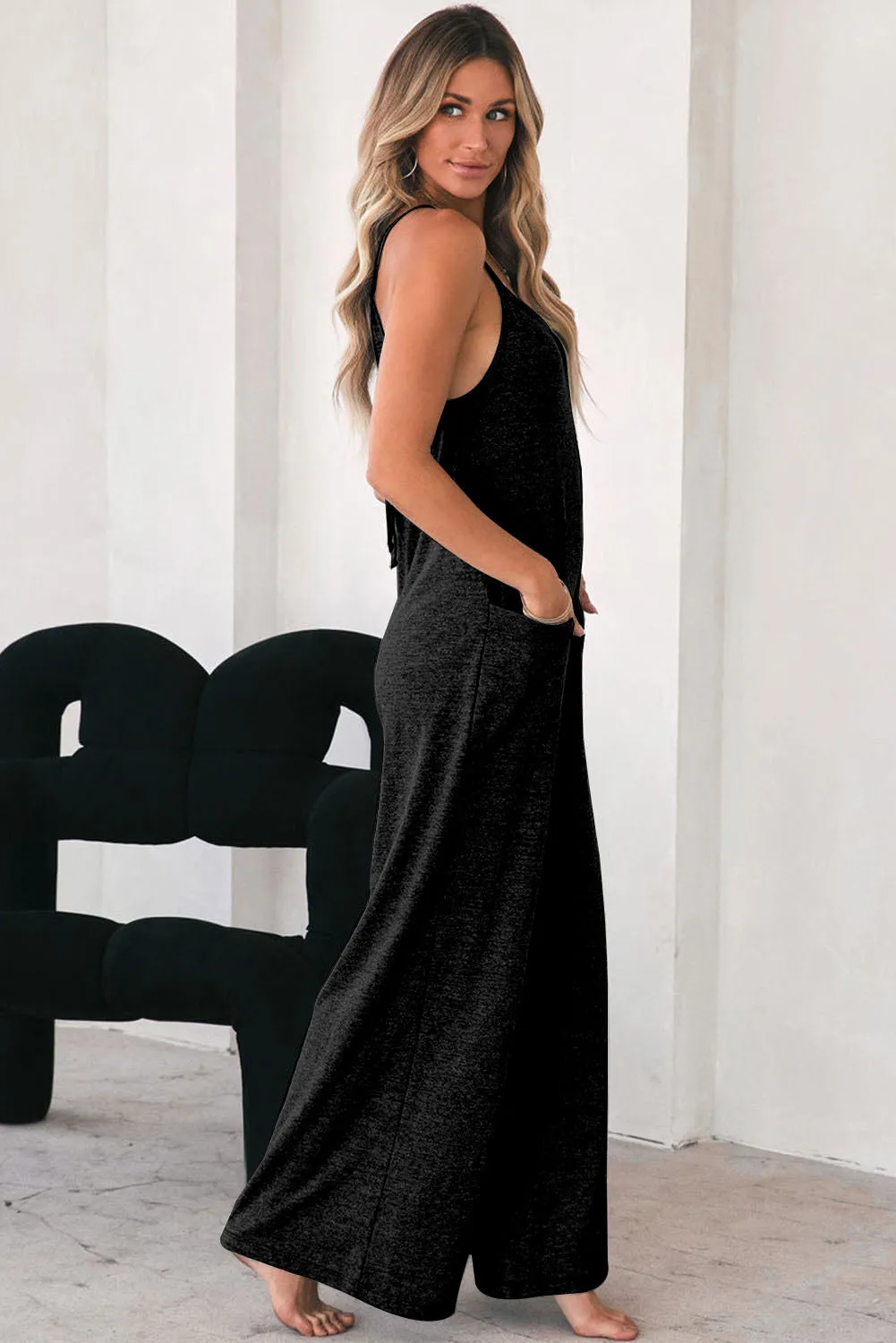 Patch Pockets Spaghetti Strap Wide Leg Jumpsuit