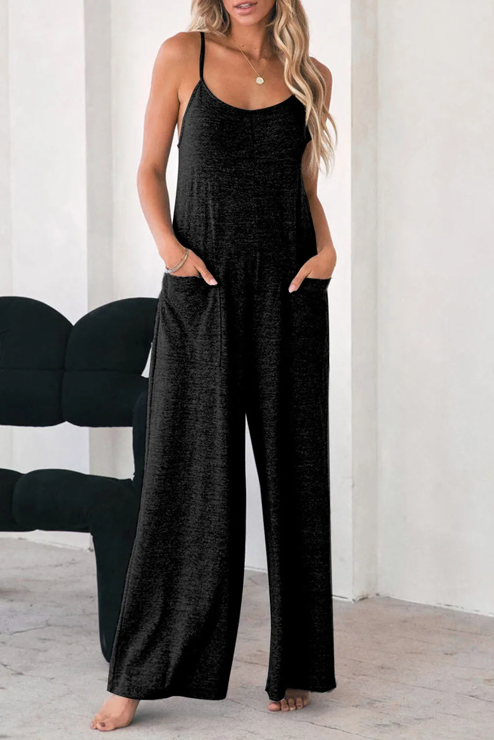 Patch Pockets Spaghetti Strap Wide Leg Jumpsuit