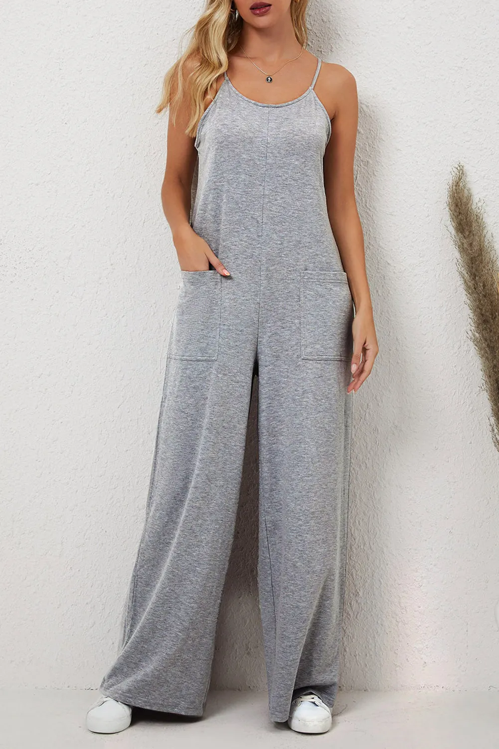 Patch Pockets Spaghetti Strap Wide Leg Jumpsuit