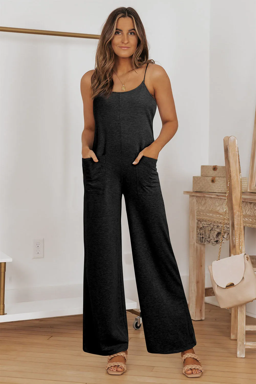 Patch Pockets Spaghetti Strap Wide Leg Jumpsuit