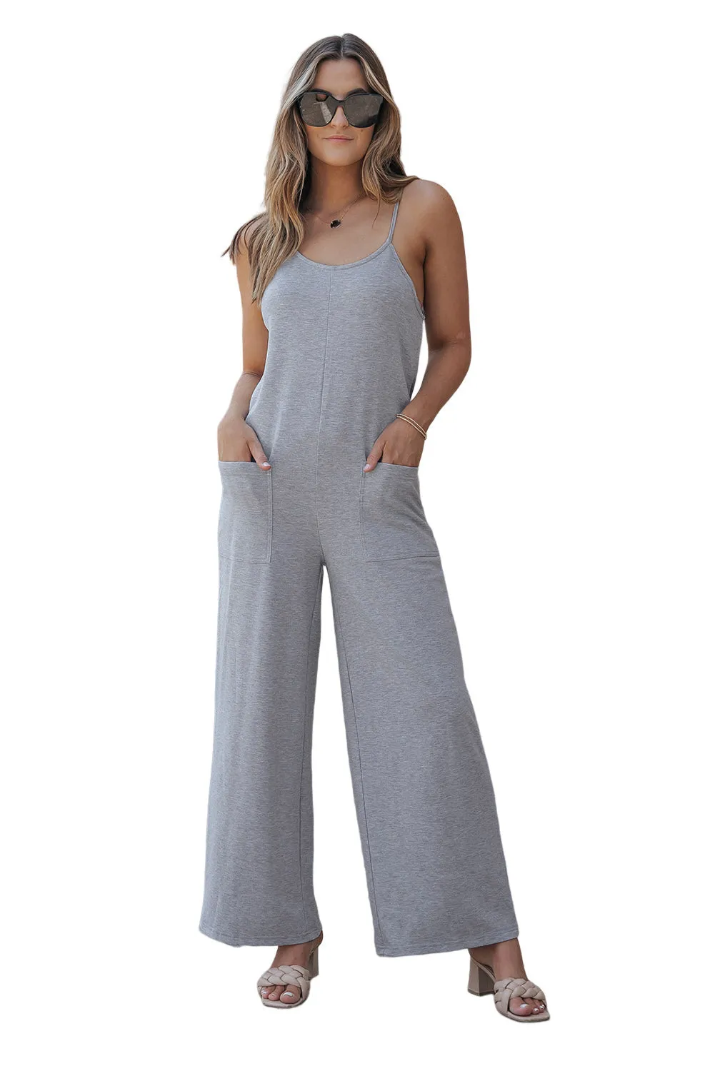 Patch Pockets Spaghetti Strap Wide Leg Jumpsuit