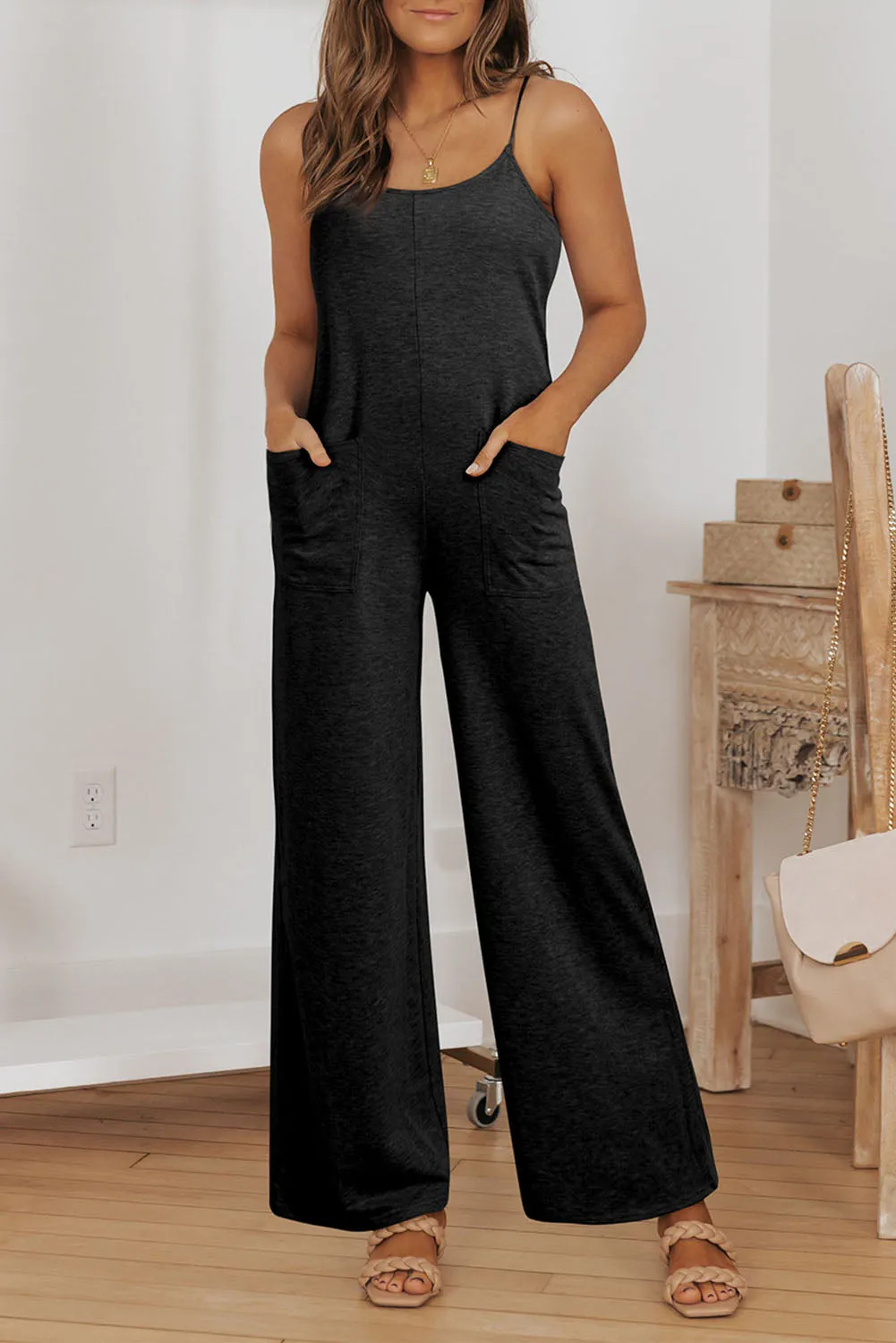 Patch Pockets Spaghetti Strap Wide Leg Jumpsuit