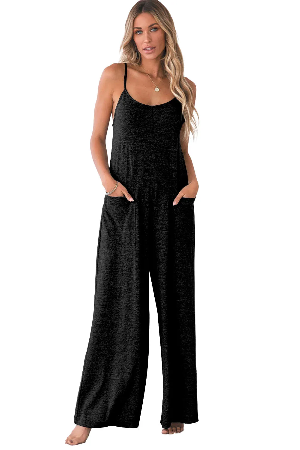 Patch Pockets Spaghetti Strap Wide Leg Jumpsuit