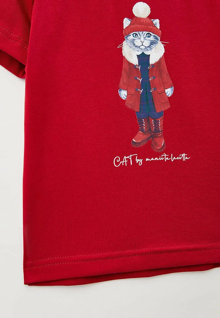 Red Printed T-shirt CHRISTMAS KITTY