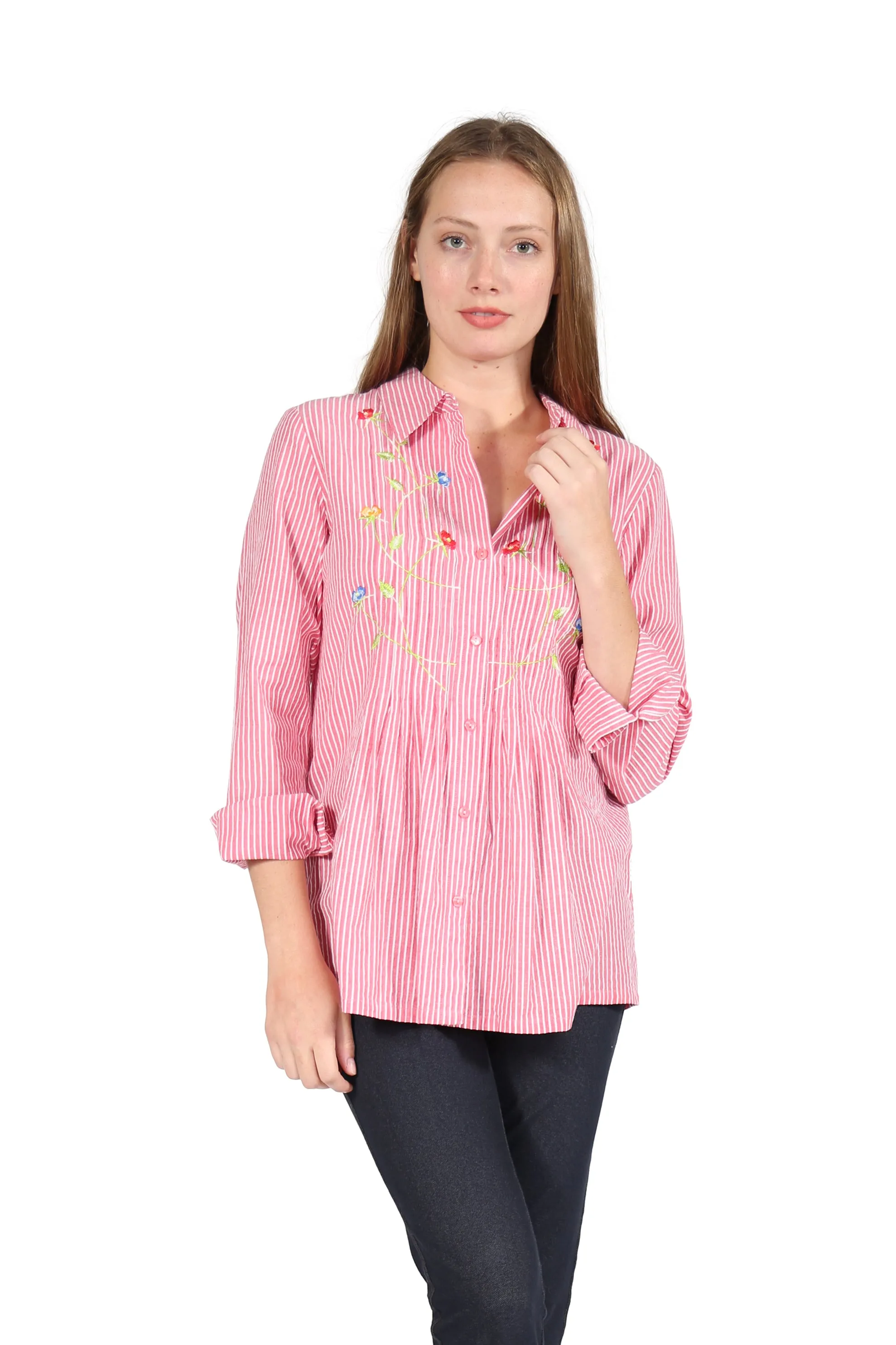 Seersucker Embroidered Button Front Shirt